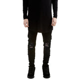 Black Ripped Skinny Jeans – Hip-Hop Scratched Biker Denim Pants with Patchwork