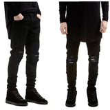 Black Ripped Skinny Jeans – Hip-Hop Scratched Biker Denim Pants with Patchwork