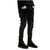 Black Ripped Skinny Jeans – Hip-Hop Scratched Biker Denim Pants with Patchwork