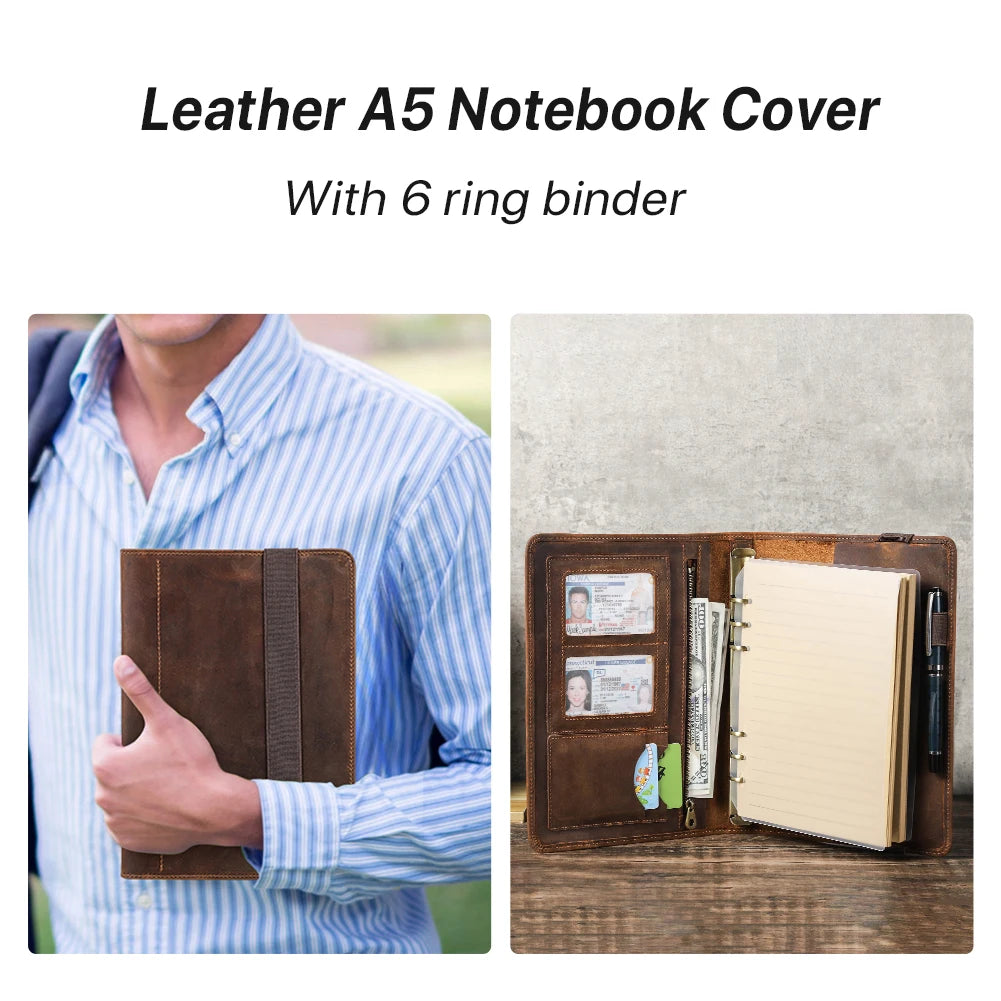 Luxury A5 Leather Portfolio Notebook with 6-Ring Binder, iPad Mini Holder & Card Slots
