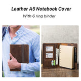 Luxury A5 Leather Portfolio Notebook with 6-Ring Binder, iPad Mini Holder & Card Slots
