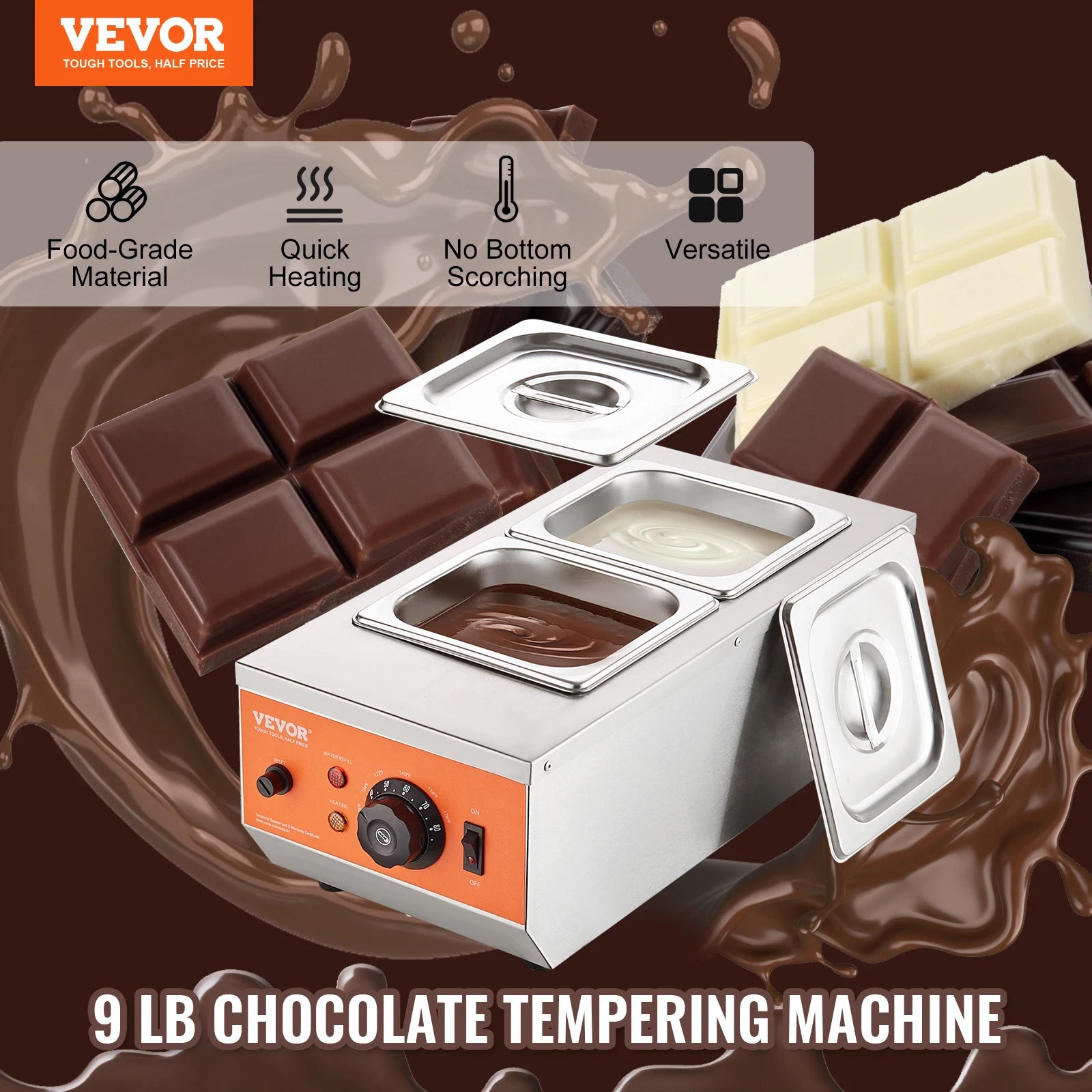 VEVOR Electric Chocolate Tempering Machine – 2 or 3 Tanks, 800W, Stainless Steel