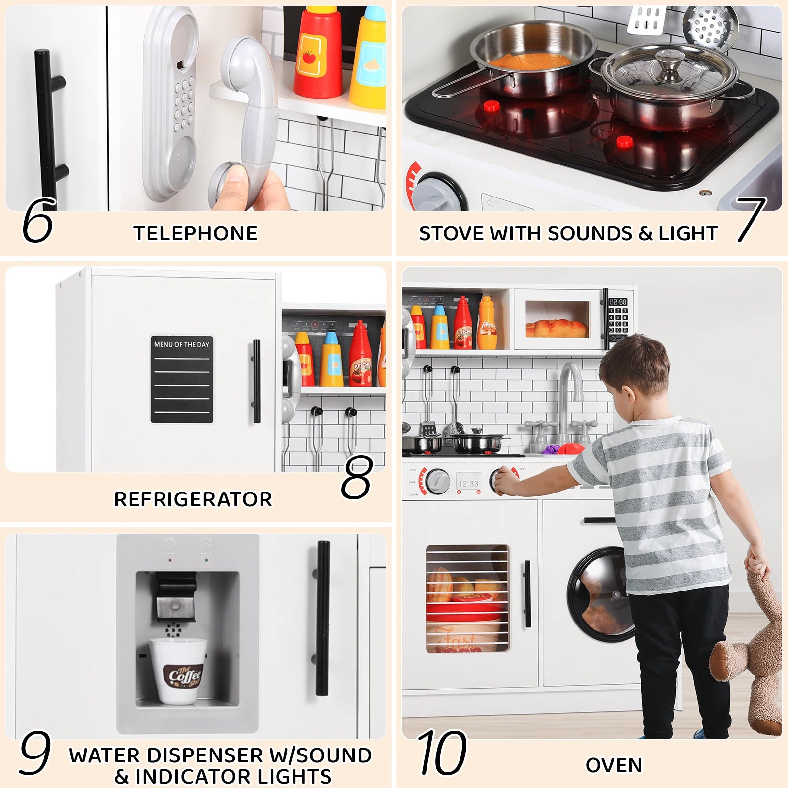 Wooden Pretend Play Kitchen Set for Kids with Lights, Sounds, and Accessories