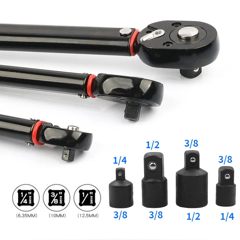 5-210N.m Adjustable Torque Wrench with 1/2'', 3/8'', 1/4'' Square Drive for Car and Bike Repair