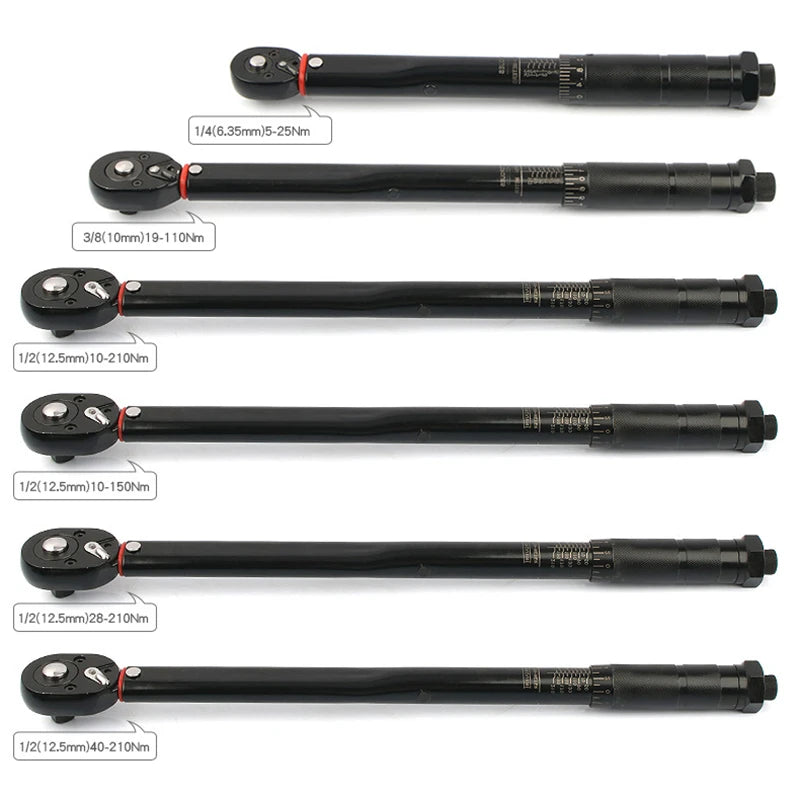 5-210N.m Adjustable Torque Wrench with 1/2'', 3/8'', 1/4'' Square Drive for Car and Bike Repair