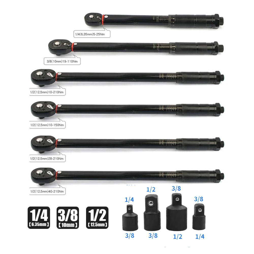 5-210N.m Adjustable Torque Wrench with 1/2'', 3/8'', 1/4'' Square Drive for Car and Bike Repair