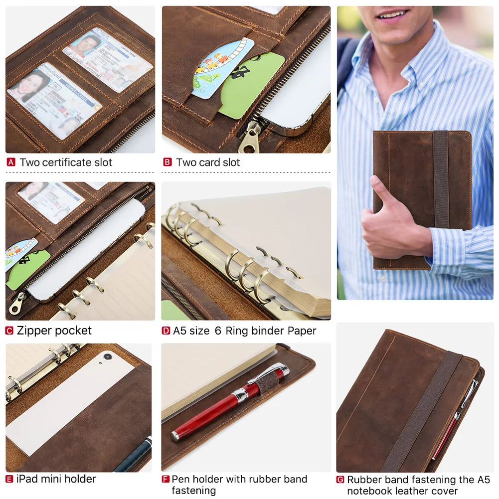 Luxury A5 Leather Portfolio Notebook with 6-Ring Binder, iPad Mini Holder & Card Slots
