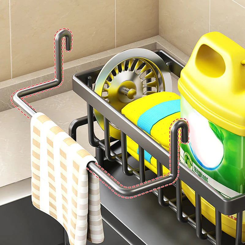 Stainless Steel Kitchen Sink Sponge Holder – Self-Draining Organizer for Soap and Towels