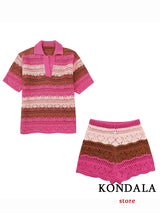 Chic Knit Striped Polo T-Shirt & Shorts Set