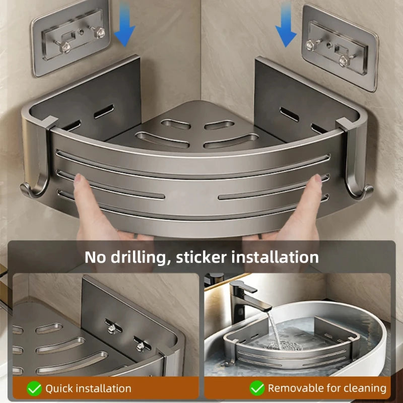 No-Drill Shower Corner Shelf with Towel Bar and Hooks