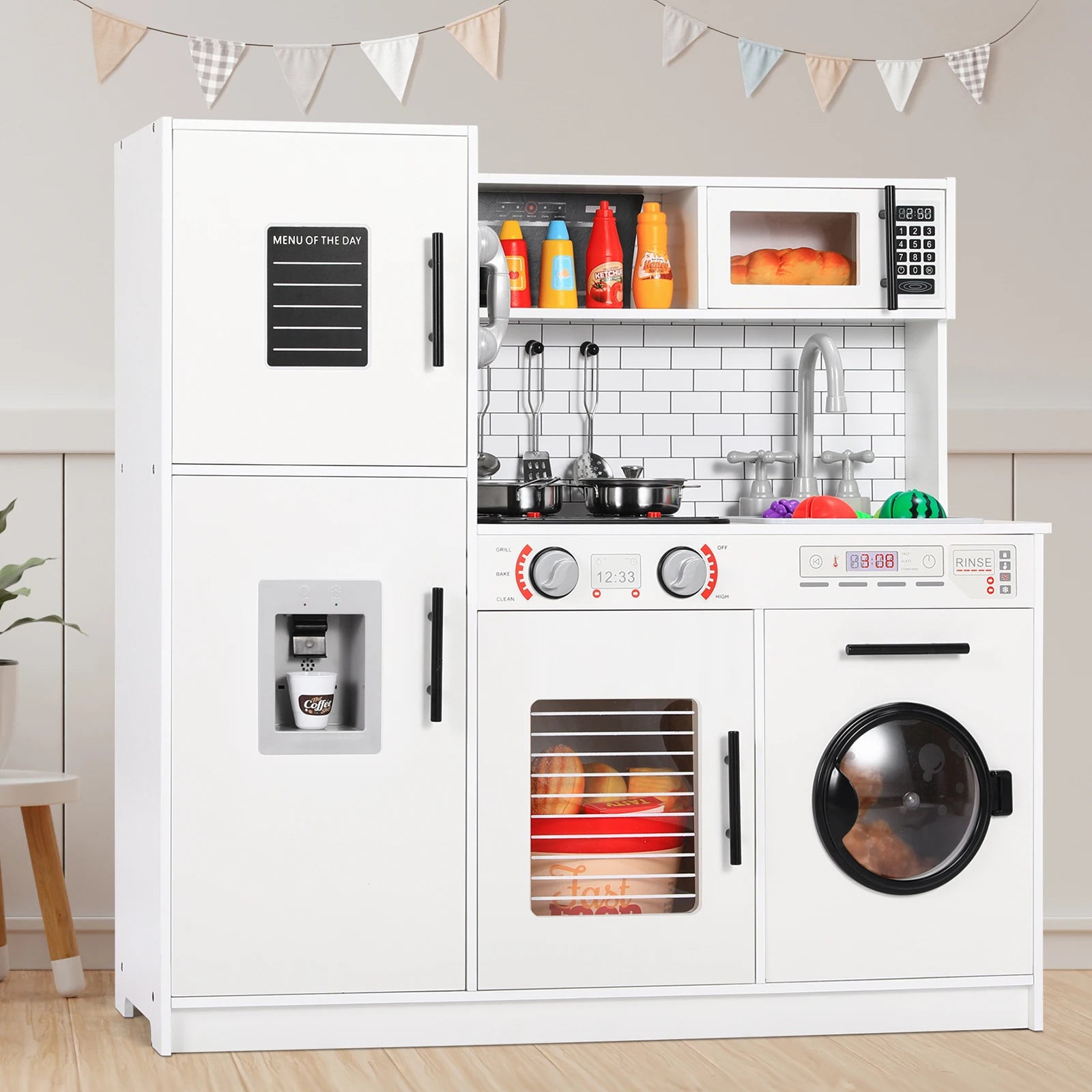 Wooden Pretend Play Kitchen Set for Kids with Lights, Sounds, and Accessories