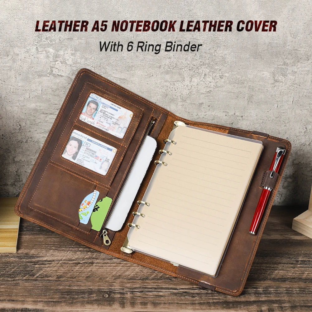 Luxury A5 Leather Portfolio Notebook with 6-Ring Binder, iPad Mini Holder & Card Slots