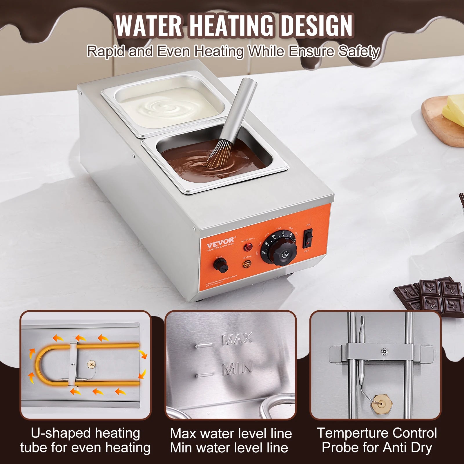 VEVOR Electric Chocolate Tempering Machine – 2 or 3 Tanks, 800W, Stainless Steel