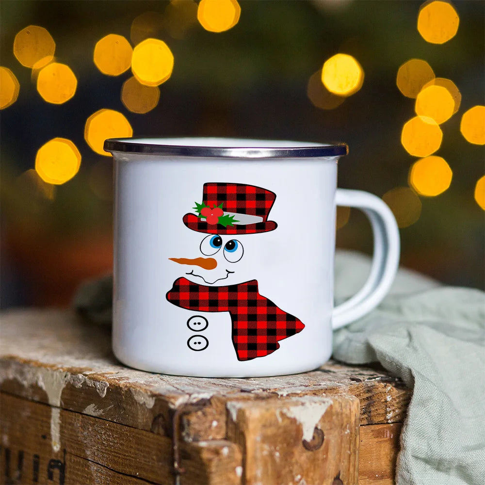Snowman & Deer Print Enamel Coffee Mug – Perfect for Christmas Gifts