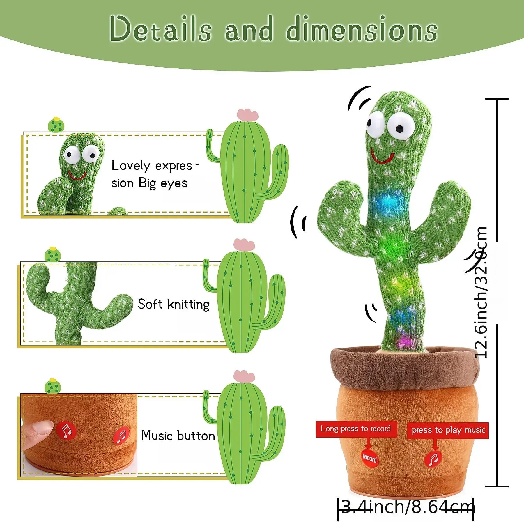 Rechargeable Dancing Cactus Plush Toy with Lights and Music