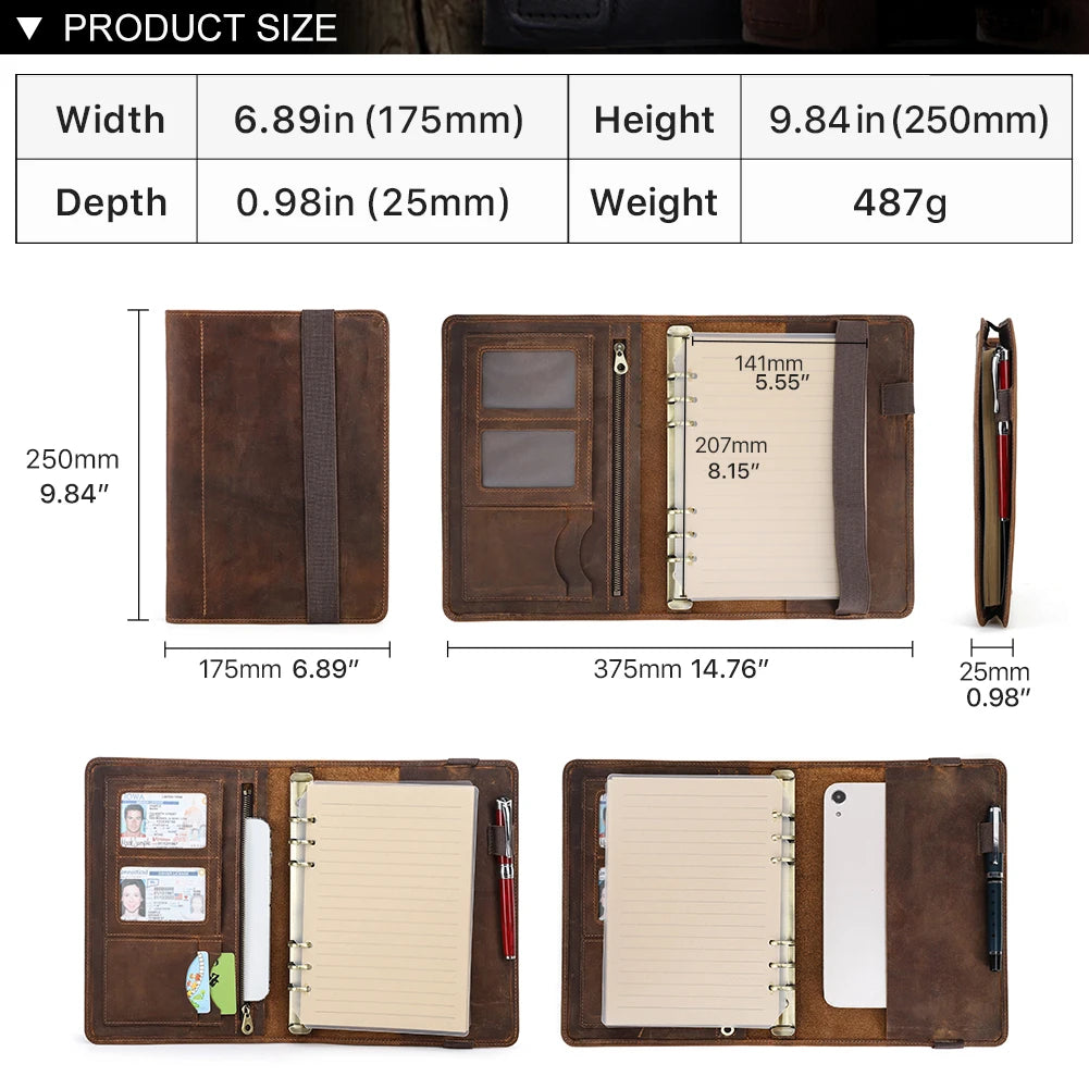 Luxury A5 Leather Portfolio Notebook with 6-Ring Binder, iPad Mini Holder & Card Slots