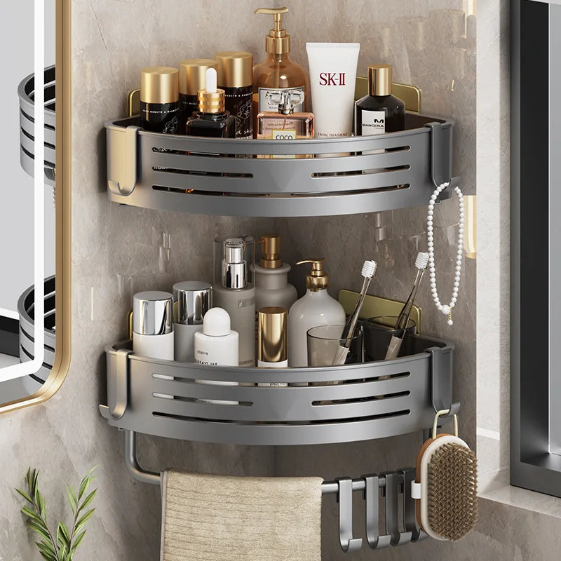 No-Drill Shower Corner Shelf with Towel Bar and Hooks