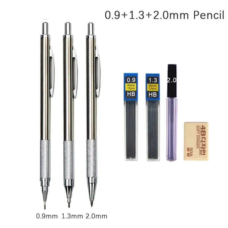 MROOFUL Mechanical Pencil Set – 0.3mm to 2.0mm, Full Metal Design for Art, Drawing, and Office Use