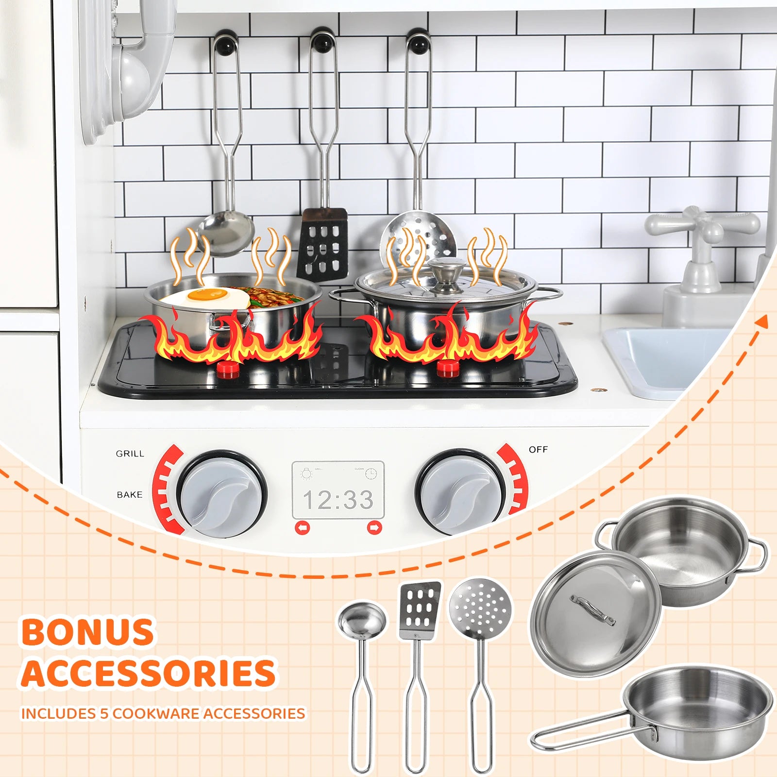 Wooden Pretend Play Kitchen Set for Kids with Lights, Sounds, and Accessories