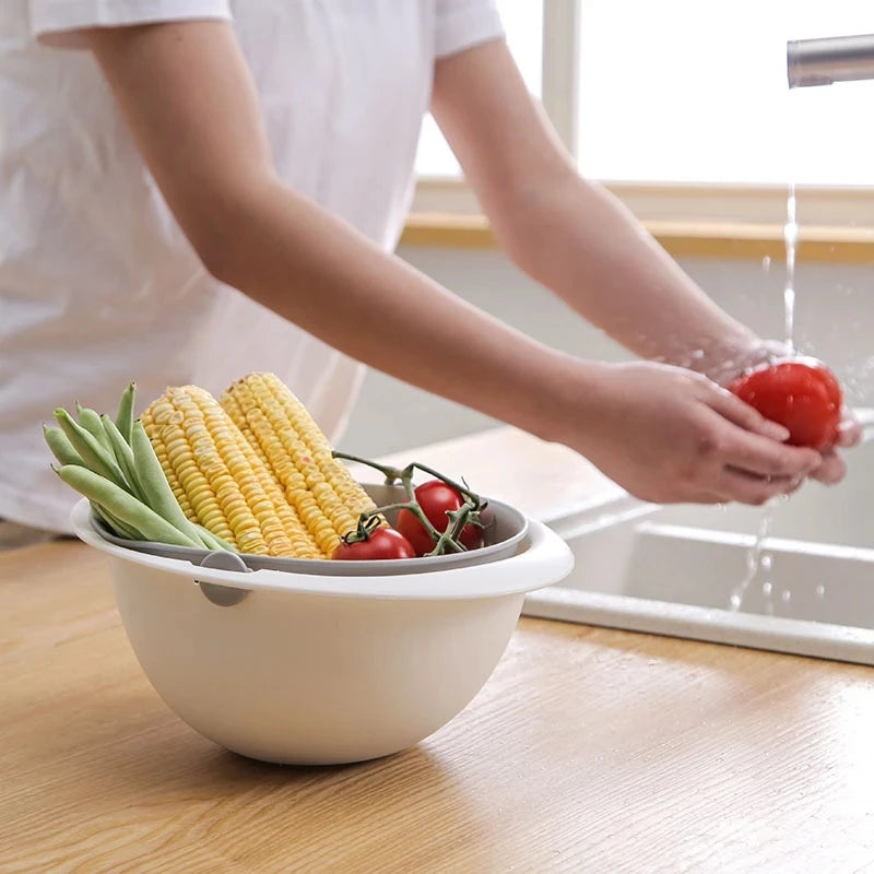 Rotatable Double Drain Basket – Fruit & Vegetable Washing, Storage, and Strainer Tool