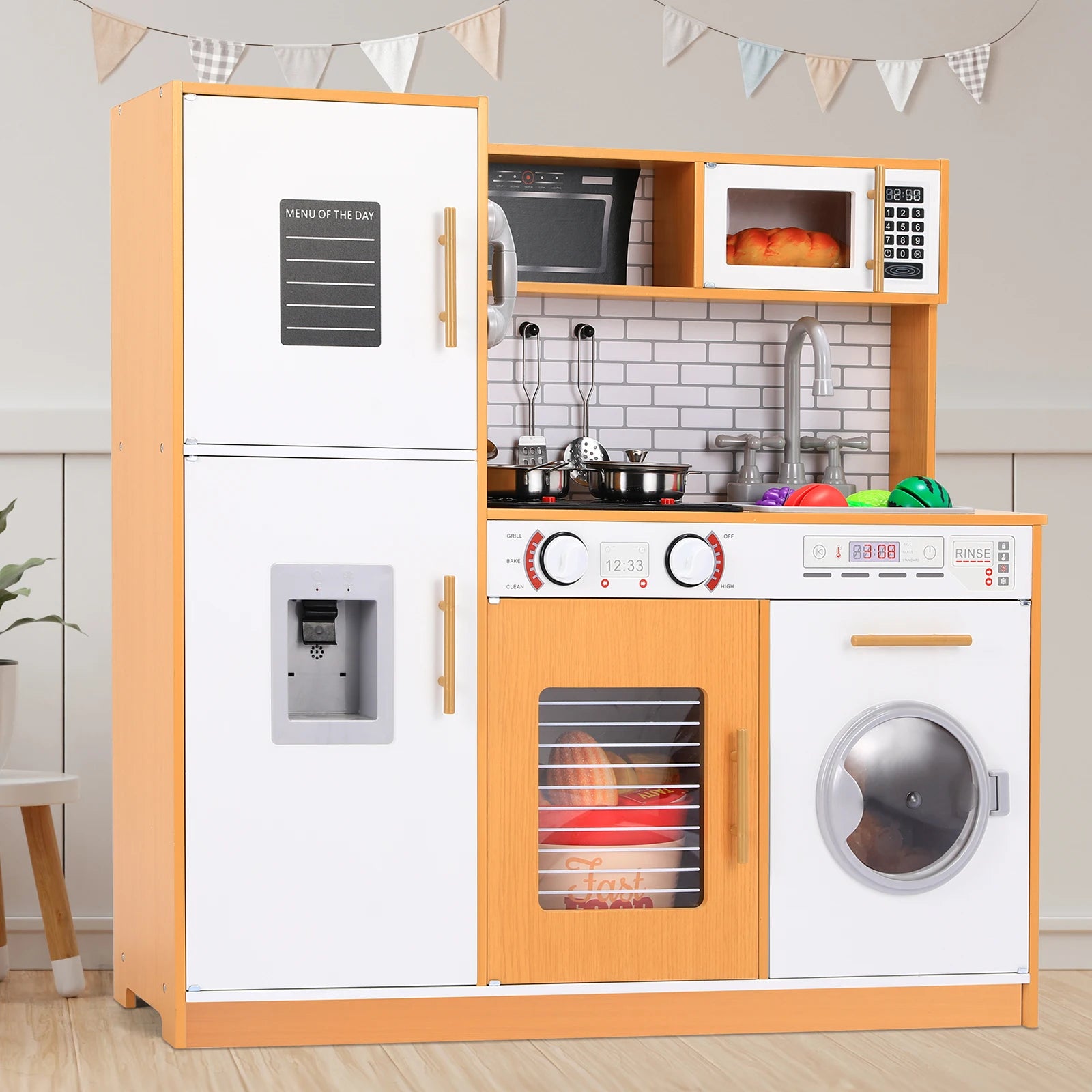 Wooden Pretend Play Kitchen Set for Kids with Lights, Sounds, and Accessories