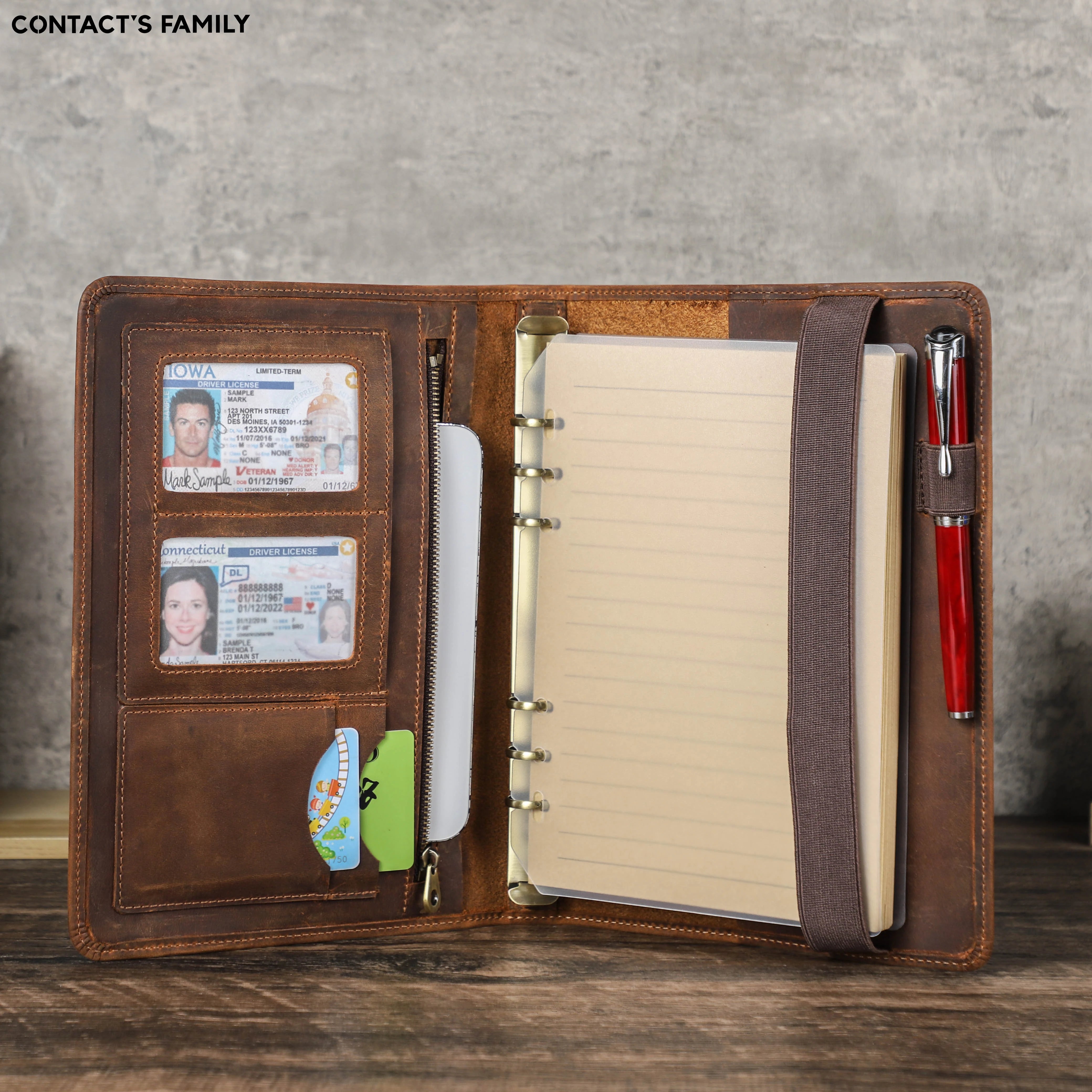 Luxury A5 Leather Portfolio Notebook with 6-Ring Binder, iPad Mini Holder & Card Slots