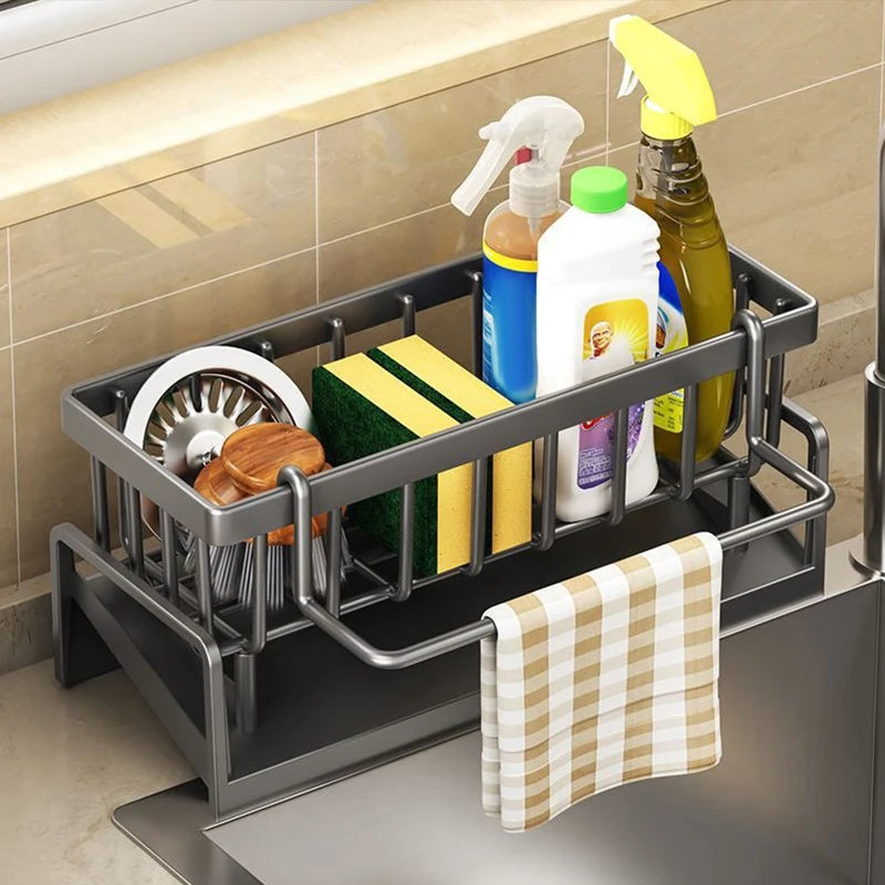 Stainless Steel Kitchen Sink Sponge Holder – Self-Draining Organizer for Soap and Towels