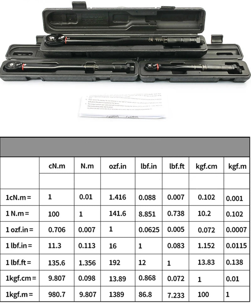 5-210N.m Adjustable Torque Wrench with 1/2'', 3/8'', 1/4'' Square Drive for Car and Bike Repair