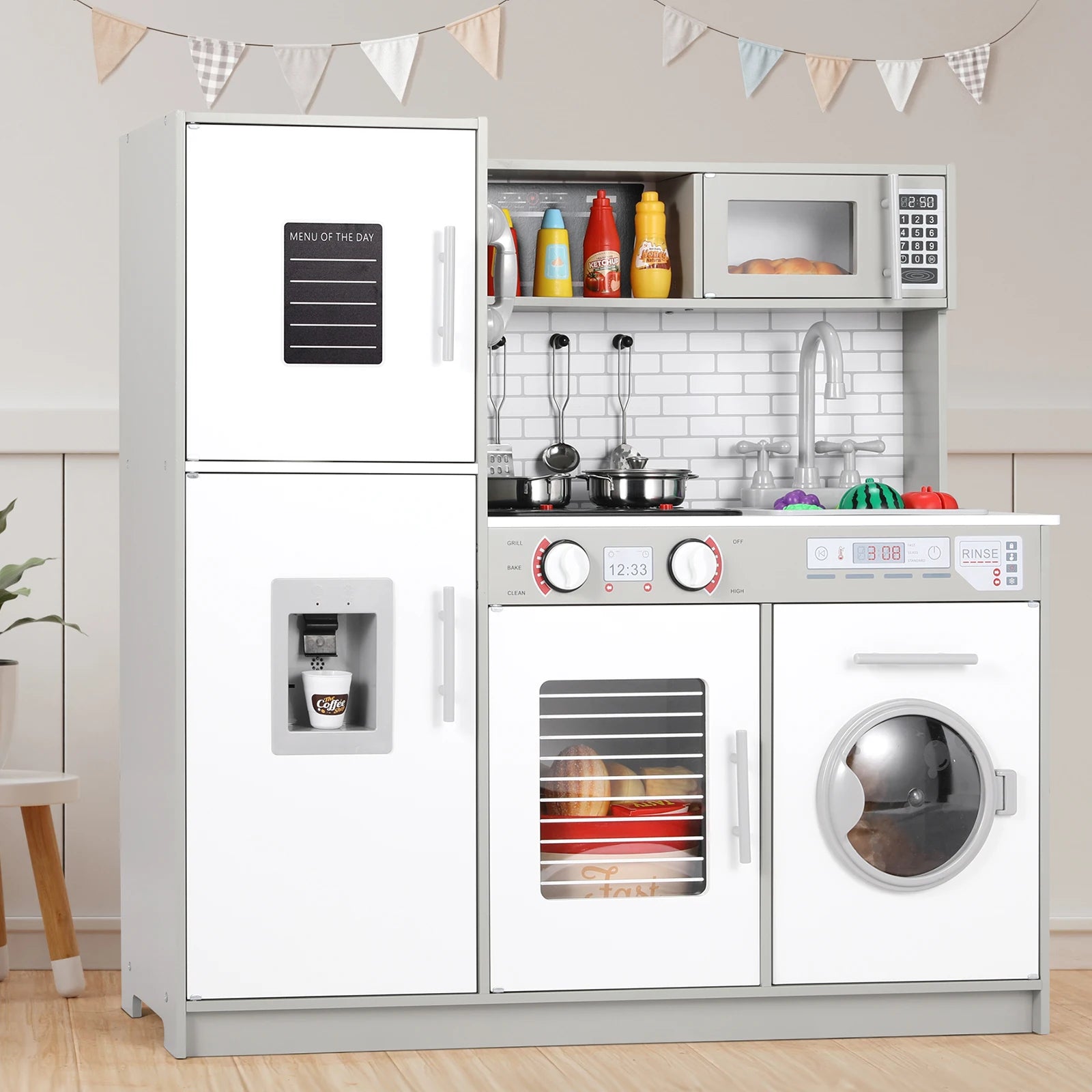 Wooden Pretend Play Kitchen Set for Kids with Lights, Sounds, and Accessories