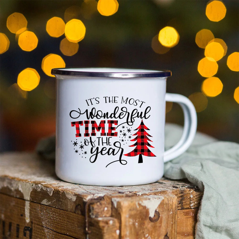 Snowman & Deer Print Enamel Coffee Mug – Perfect for Christmas Gifts